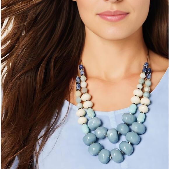 J. Jill Blue and Cream Beaded Necklace - Picture 2 of 5